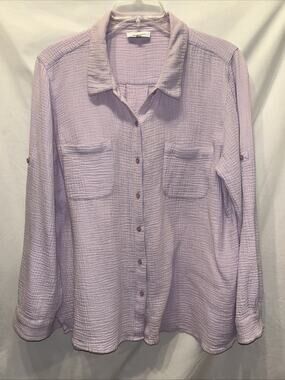Calvin Klein Cotton Gauze Womens LG Button Up Shirt Purple Long Sleeve Coastal